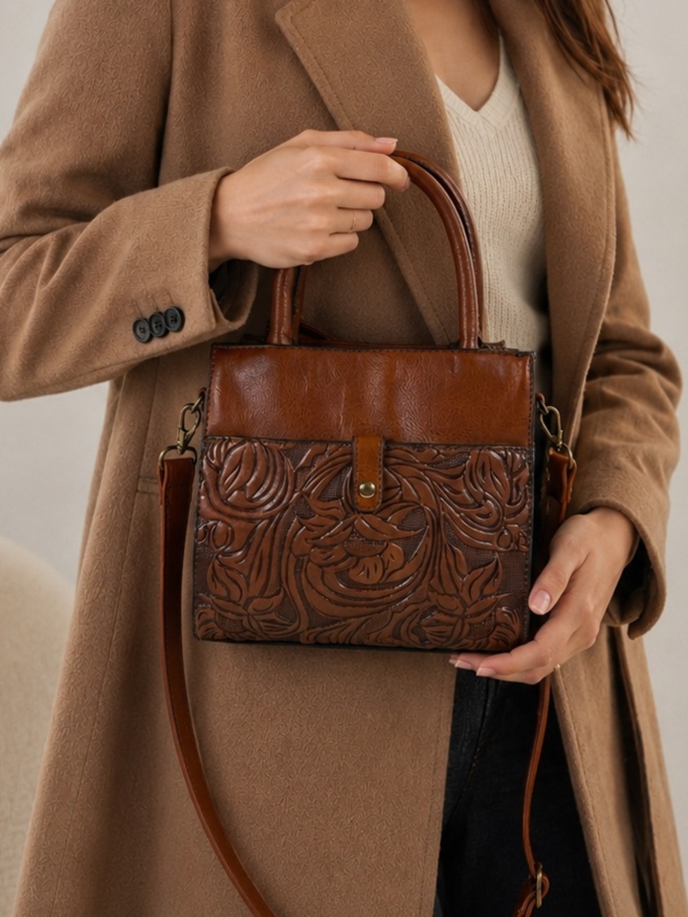 Structured Embossed Brown Leather Satchel with Top Handle